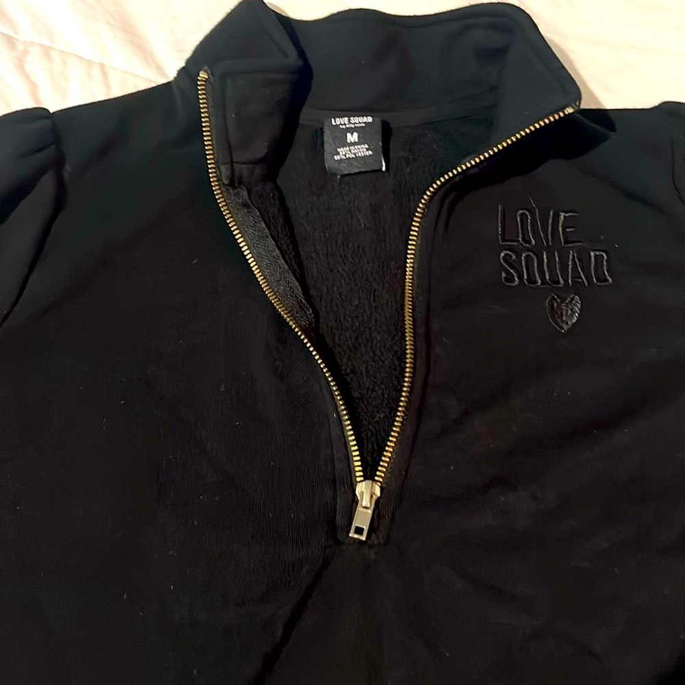 Black love squad, quarter zip sweatshirt, size medium with puff sleeves